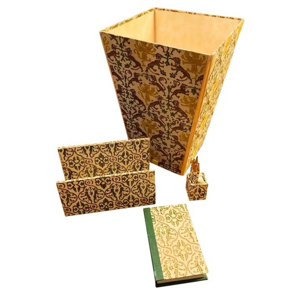 Italian handmade 1970’s vintage paper desktop accessories bold medieval pattern,